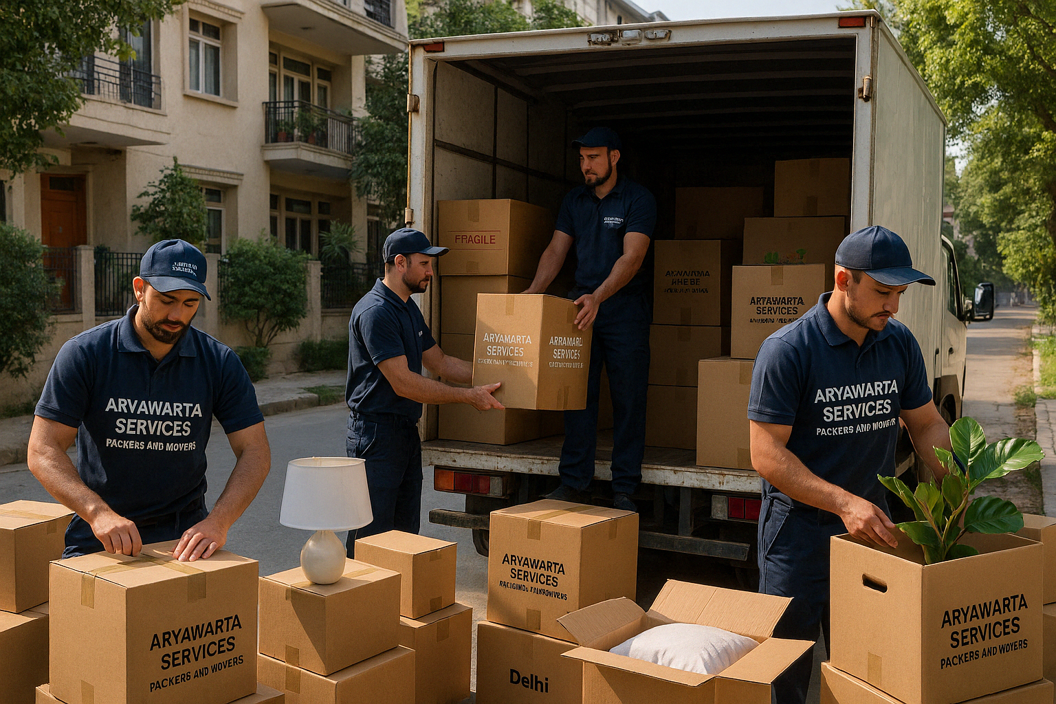 Professional movers from Aryawarta Services packing household items and loading them into a moving truck in Krishna Nagar, Delhi